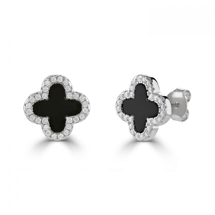 silver, onyx and cubic zirconia clover stud earrings