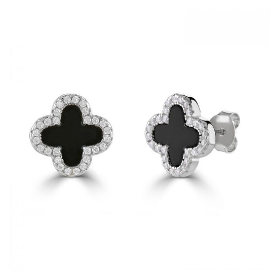 silver, onyx and cubic zirconia clover stud earrings