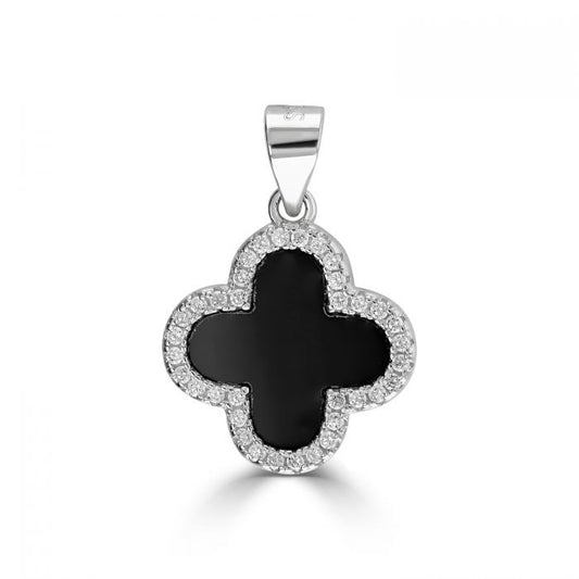 Silver, onyx and cubic zirconia clover pendant