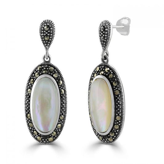 Silver, Mother of Mearl and marcasite long oval drop earrings