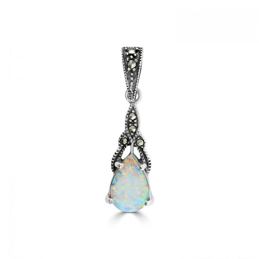Silver, teardrop Opalique and Marcasite drop pendant