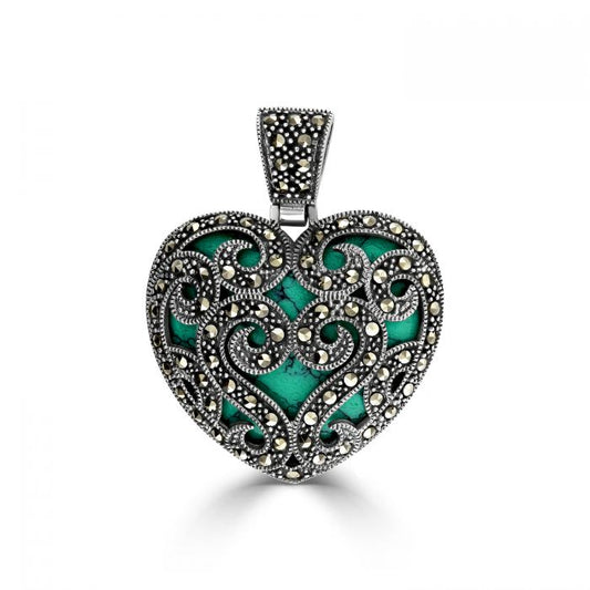 Silver, Turquoise heart pendant with filigree Marcasite detail