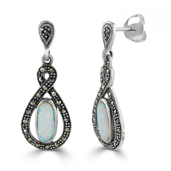 Silver, oval Opalique and Marcasite surround with twits detail drop earrings