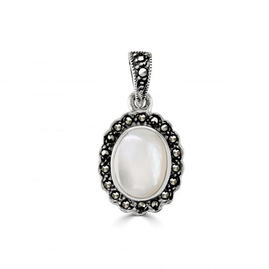 Silver, Mother of Pearl and Marcasite oval pendant