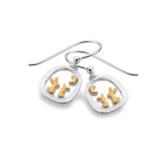 silver and gold plated detail rabbit and moon drop earrings