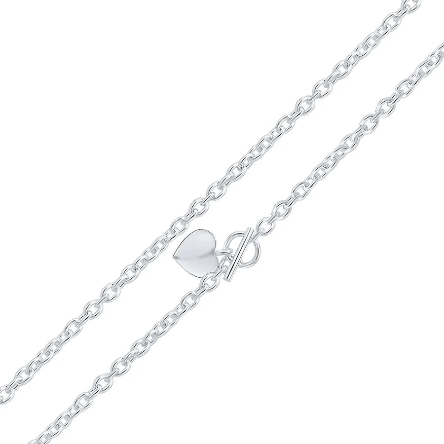 Silver Cable Bracelet with T-Bar & Heart Charm.