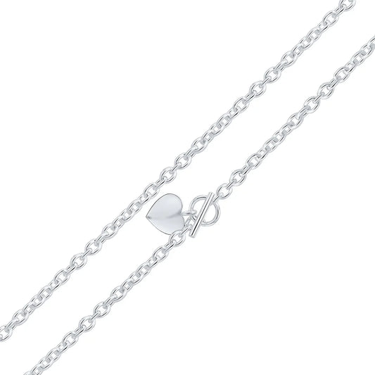 Silver Cable Necklace with T-Bar & Heart Charm.
