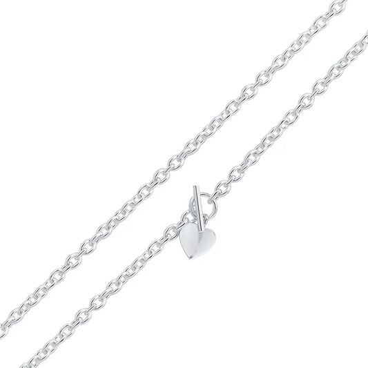 Silver 7mm Cable Chain Bracelet with T-Bar and heart