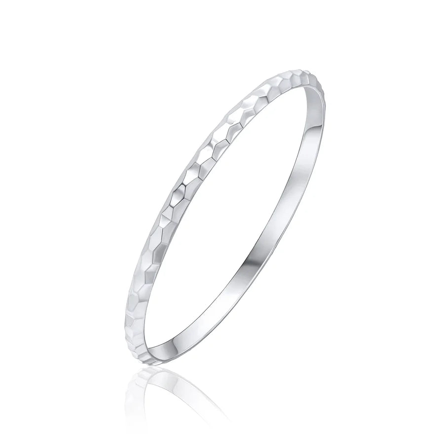 Silver Solid D Shaped Bangle With Raised Honeycomb Pattern