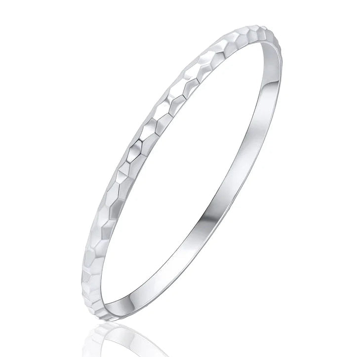 Silver Solid D Shaped Bangle With Raised Honeycomb Pattern