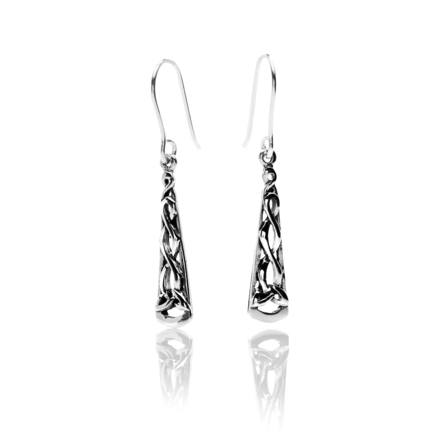 Silver celtic trinity long drop earrings