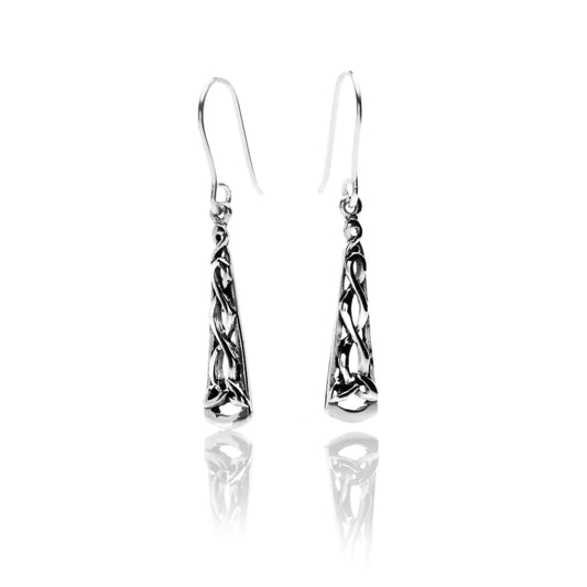 Silver celtic trinity long drop earrings