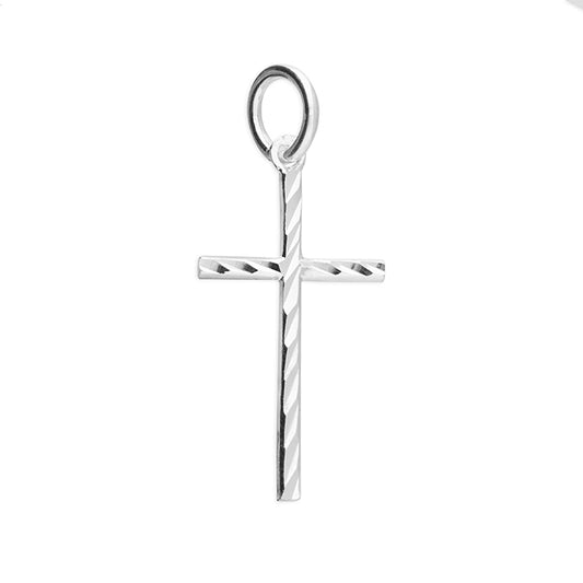 silver small diamond cut thin cross pendant.
