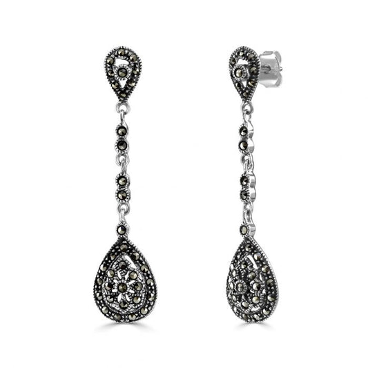 Silver and Marcasite long teardrop drop earrings