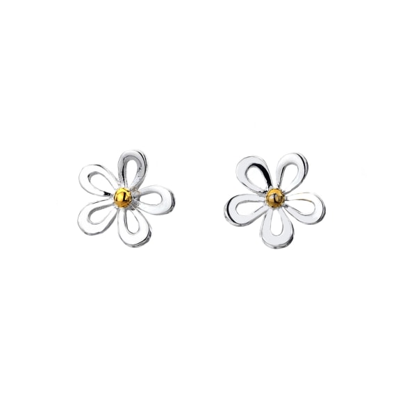 silver and gold plated detail open cut daisy stud earrings