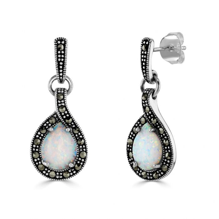 Silver, teardrop Opalique and Marcasite surround drop earrings