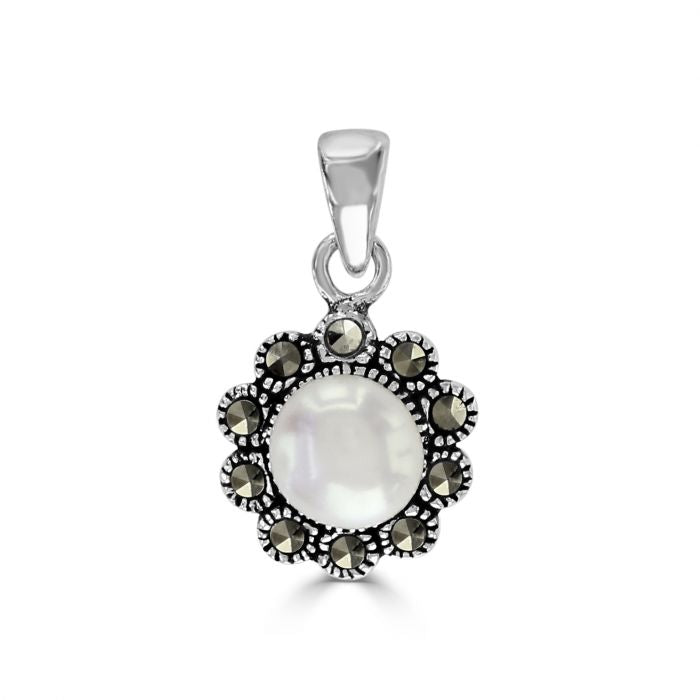 Silver, Freshwater pearl and marcasite cluster pendant
