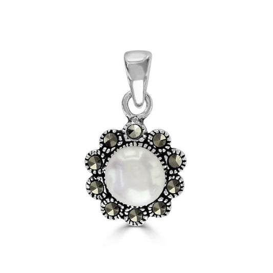 Silver, Freshwater pearl and marcasite cluster pendant