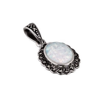 Silver, centre oval Opalique and Marcasite pendant