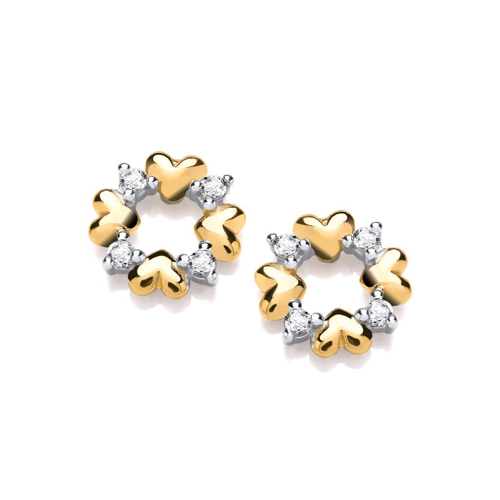Silver, Gold detail & cubic zirconia circle of hearts Earrings