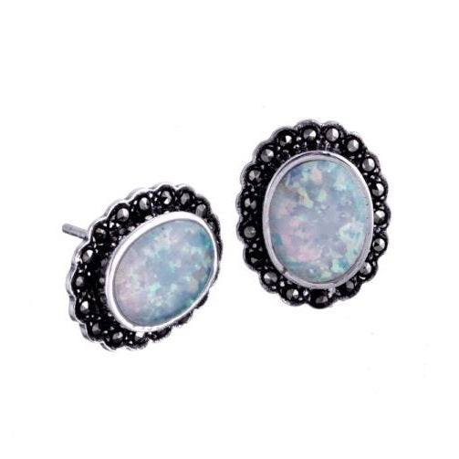 Silver, oval Opalique and Marcasite cluster stud earrings