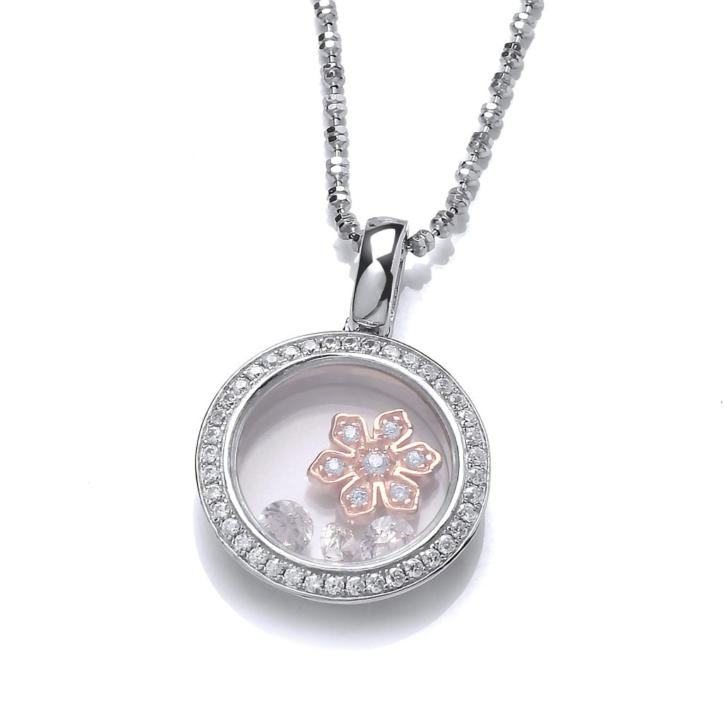 Silver, Rose Gold detail & Cubic Zirconia Celestial Flower Pendant
