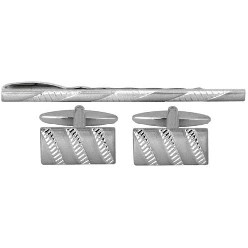 Curved engine turned 3 stripes Cufflink & Tie Slide Set