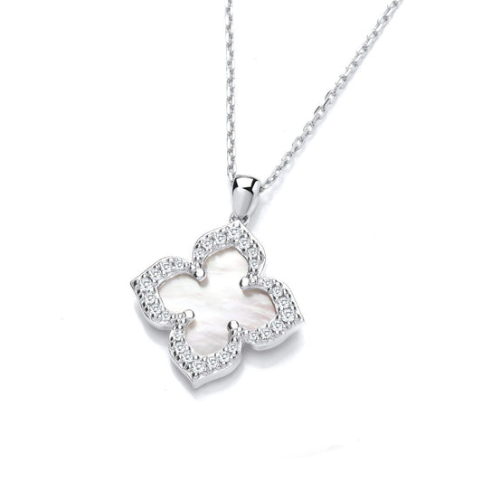 Silver, Cubic Zirconia & White Mother of Pearl Vintage Style Clover Necklace