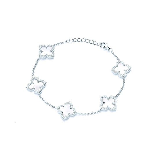 Silver, Cubic zirconia & White Mother of Pearl Vintage Style Clover Bracelet