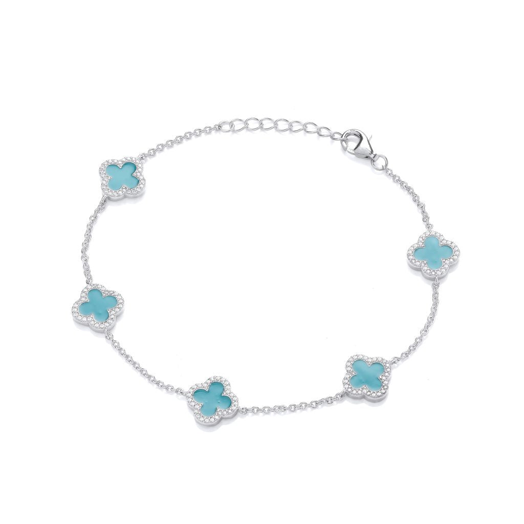 Silver, Cubic zirconia & Turquoise Enamel Modern Vintage Clover Bracelet