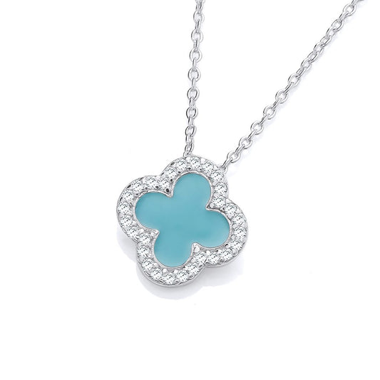 Silver, Cubic Zirconia & Turquoise Enamel Modern Vintage Clover Necklace