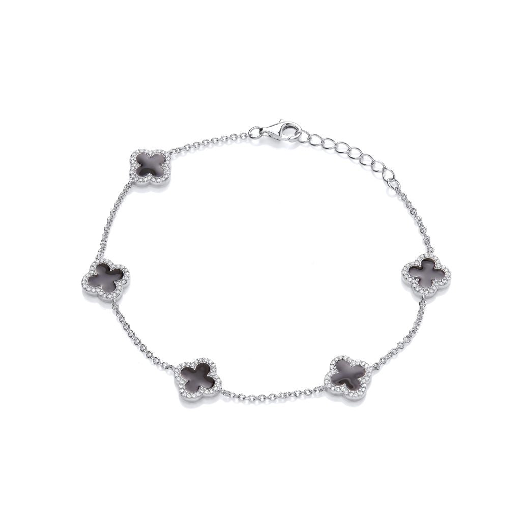 Silver, Cubic zirconia & Black Enamel Modern Vintage Clover Bracelet