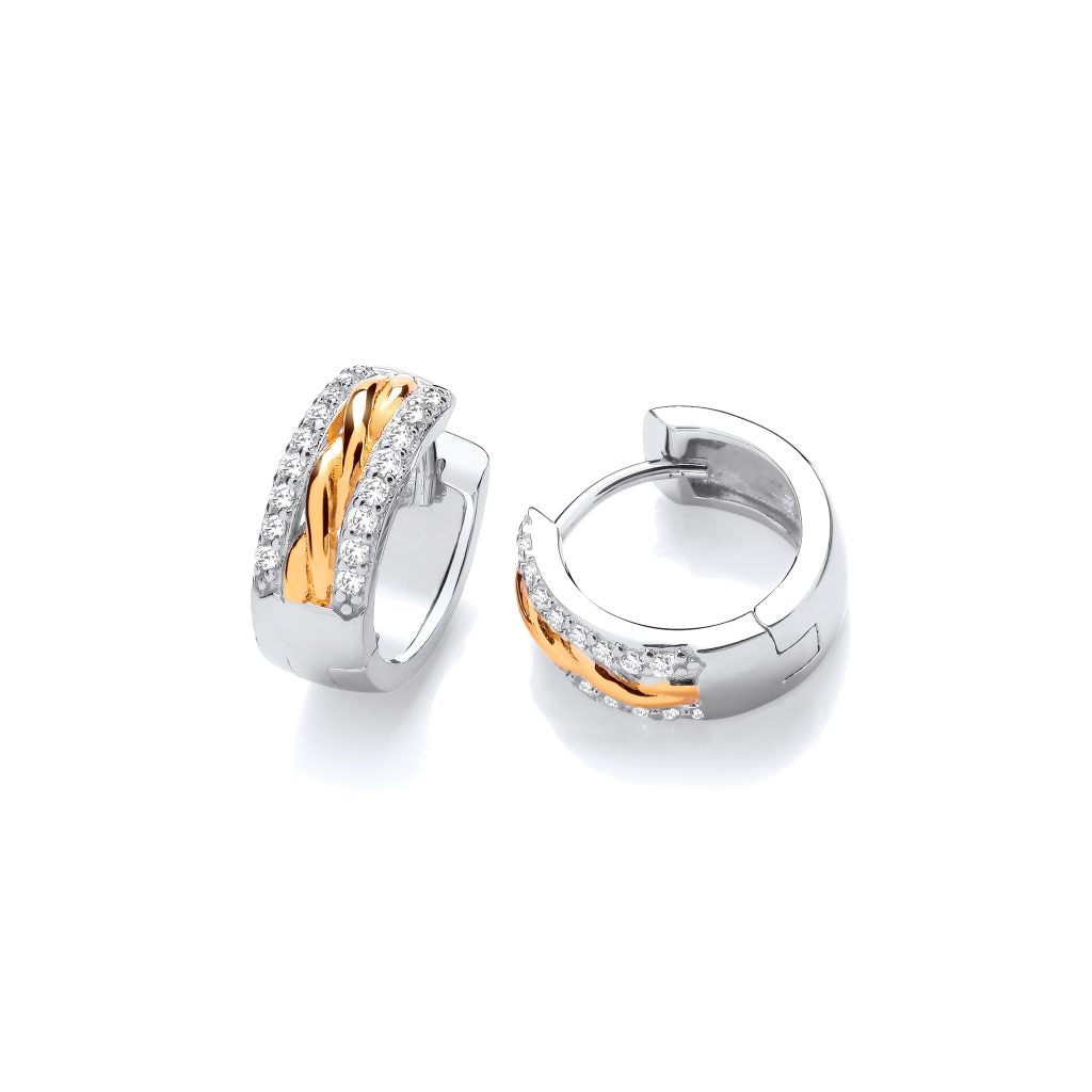 Silver, Gold detail & cubic zirconia Rope Huggie Earrings