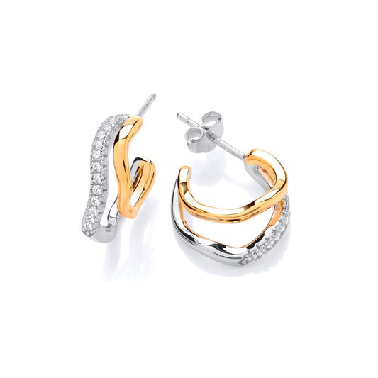 Silver, Gold detail & cubic zirconia Wave Half Hoop Earrings