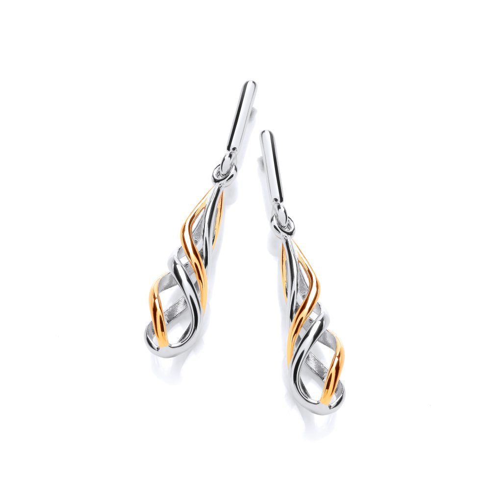 Silver & Gold Detail Spiral Twist Drop Earrings
