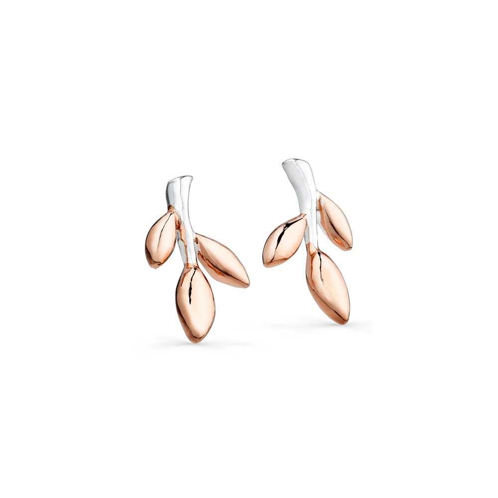 Silver leaves style stud earring with Rose Gold Detail