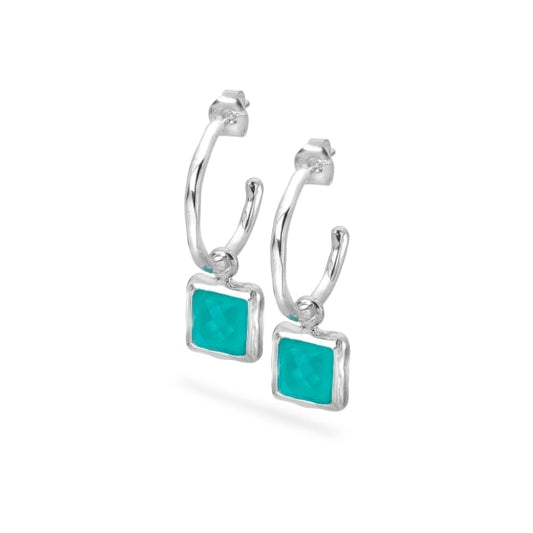 Silver hoop earrings with square faceted Amazonite