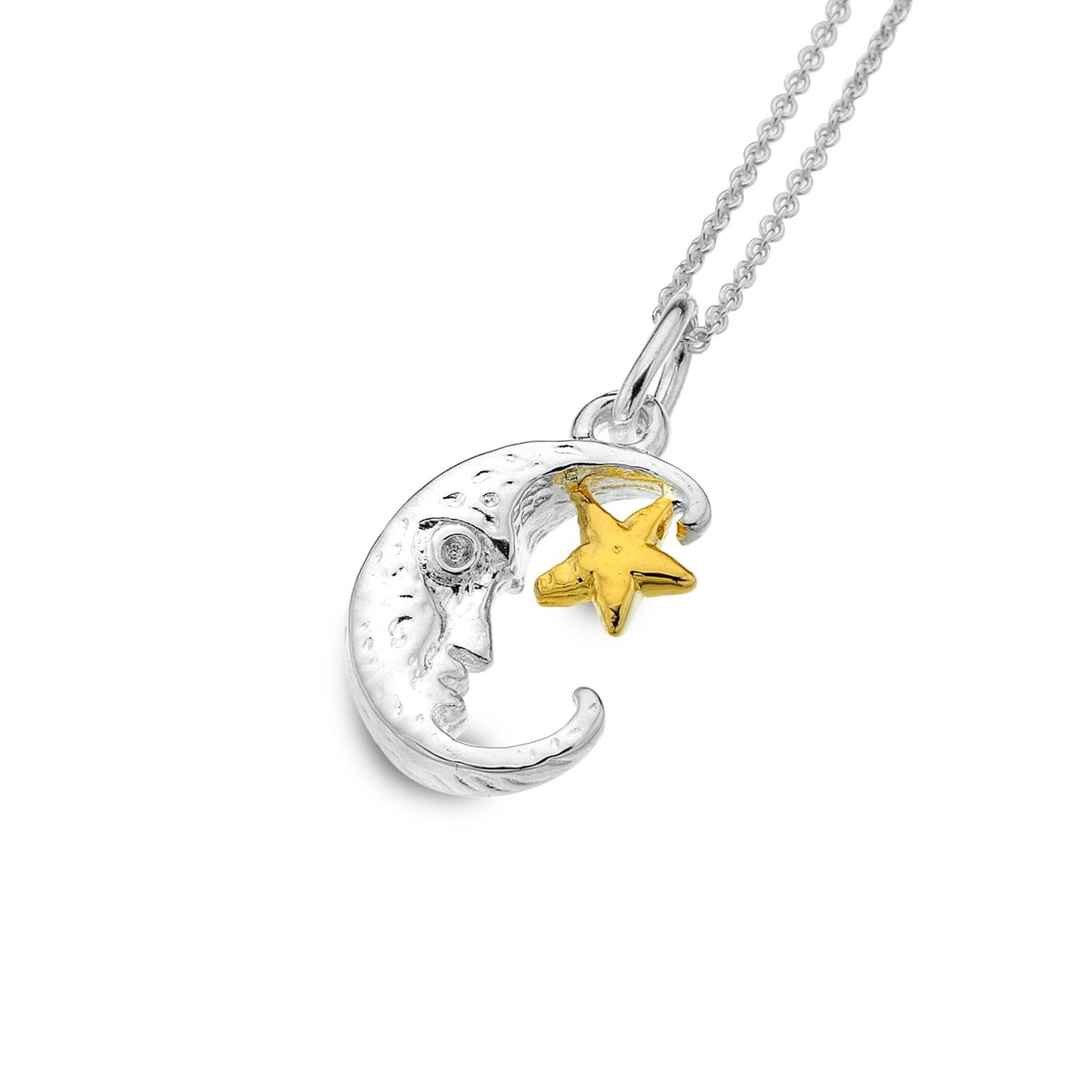 Silver moon and star necklace with yellow gold detail