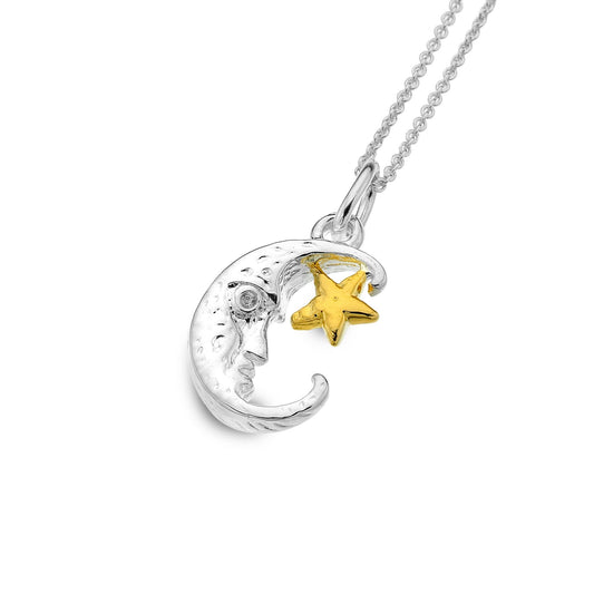 Silver moon and star necklace with yellow gold detail