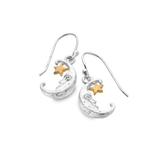 Silver moon and star drop earrings with yellow gold detail