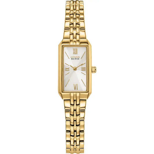Ladies Citizen Eco-Drive Classic Dress Corso Gold Tone Rectangle Watch.