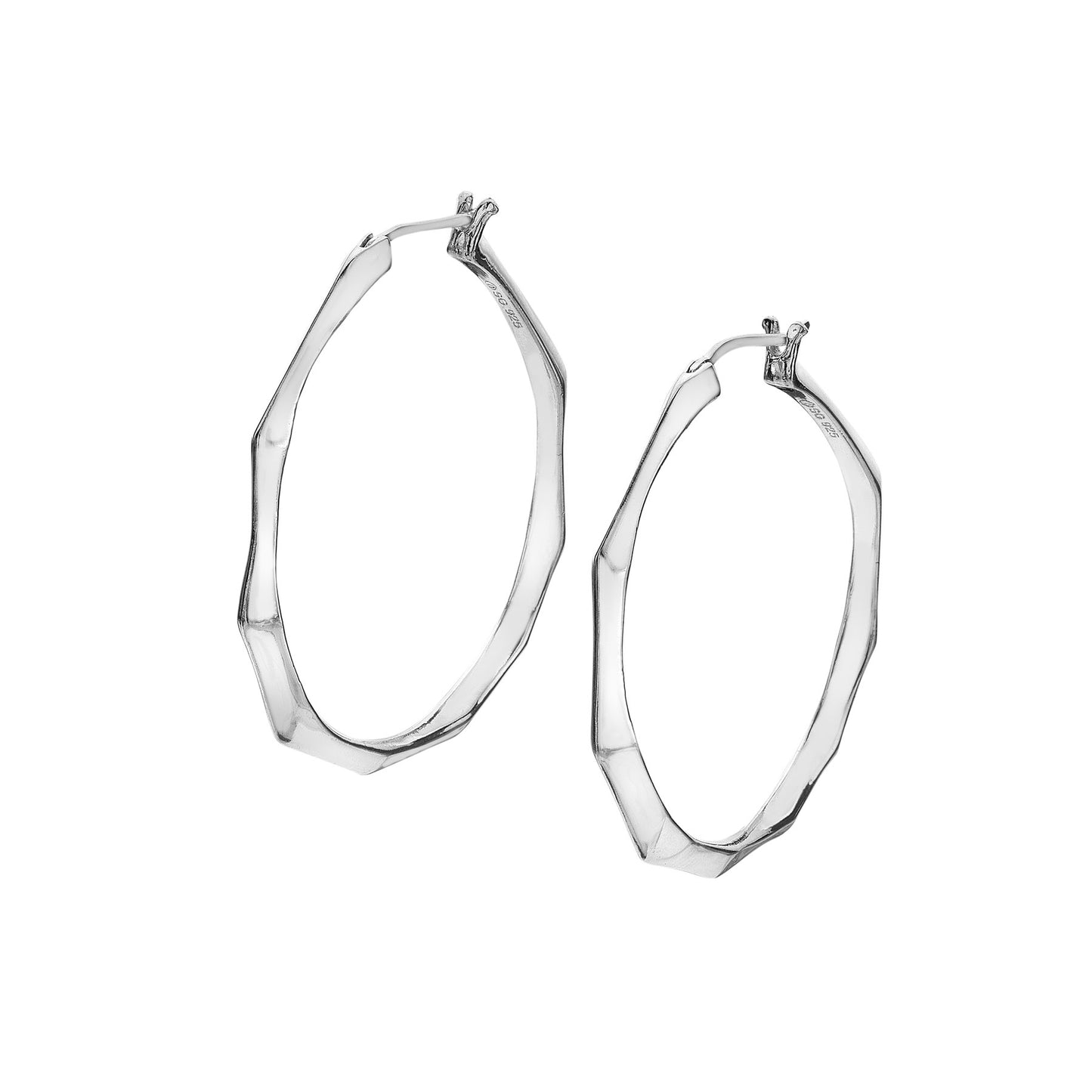 Silver large twisted faceted hoops