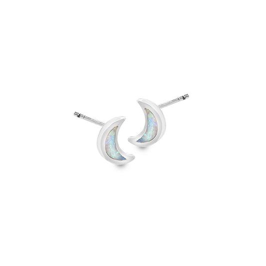 Silver and Opalique cresent moon stud earring