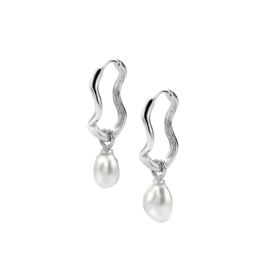 Silver wave hoop earrings with fresh water pearl drop
