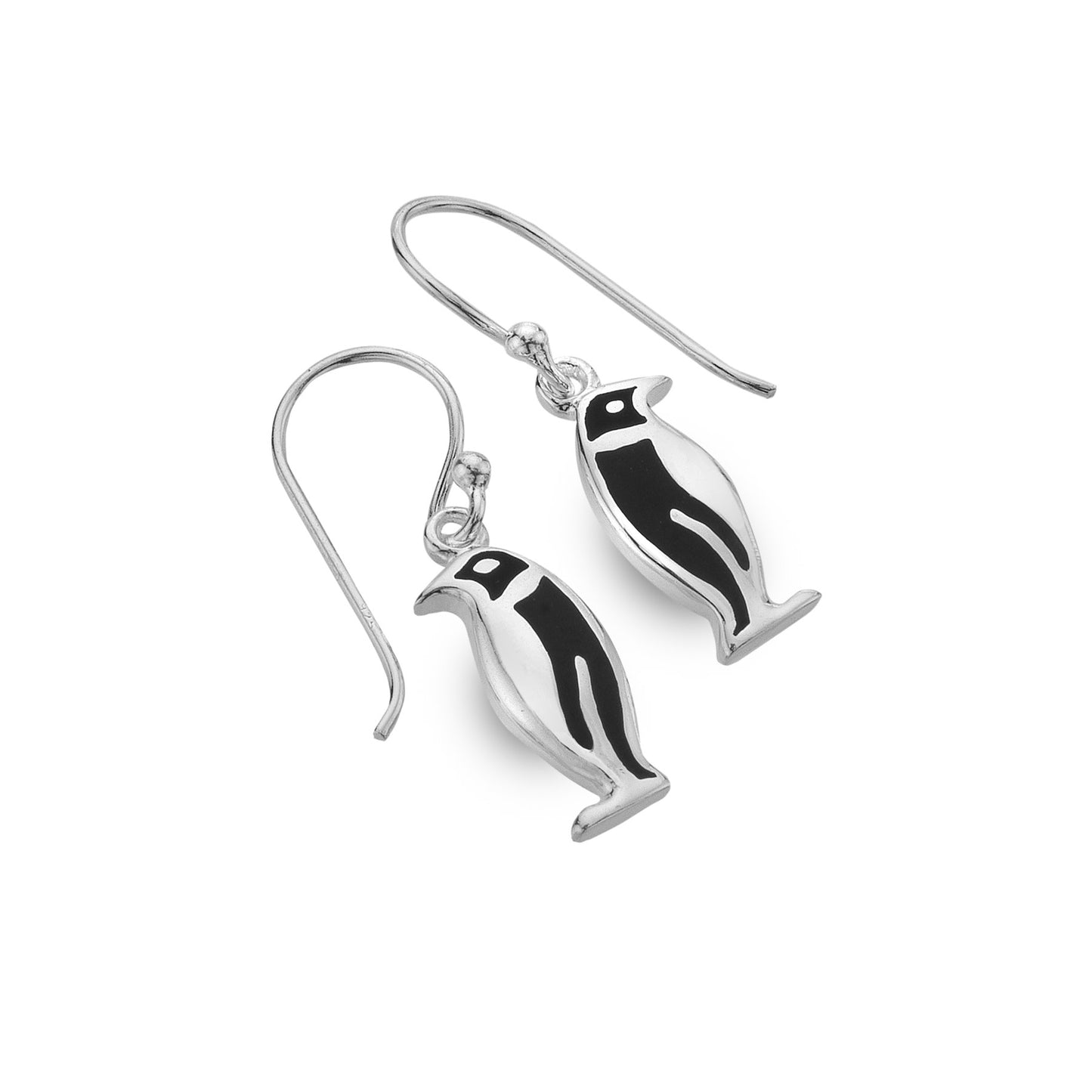 Silver and Black Enamel penguin drop earrings