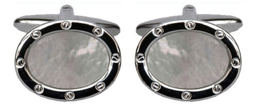 rhodium plate and mother of pearl oval cufflinks
