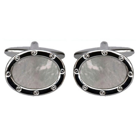 rhodium plate and mother of pearl oval cufflinks