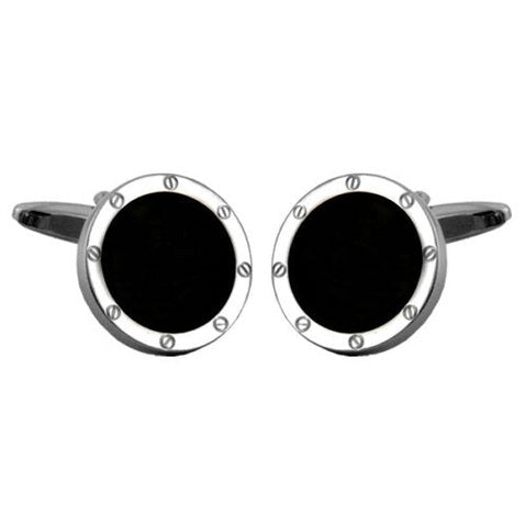 rhodium plate and black onyx round cufflinks
