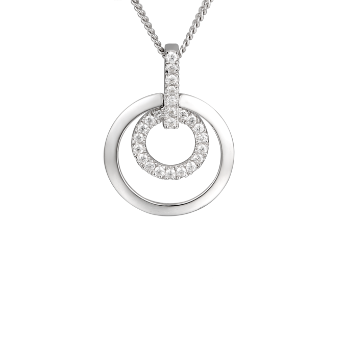 Silver and Cubic zirconia double circle pendant on a Silver chain