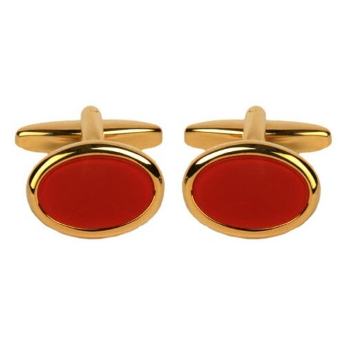Yellow gold tone cufflinks with oval Carnelian gemstone
